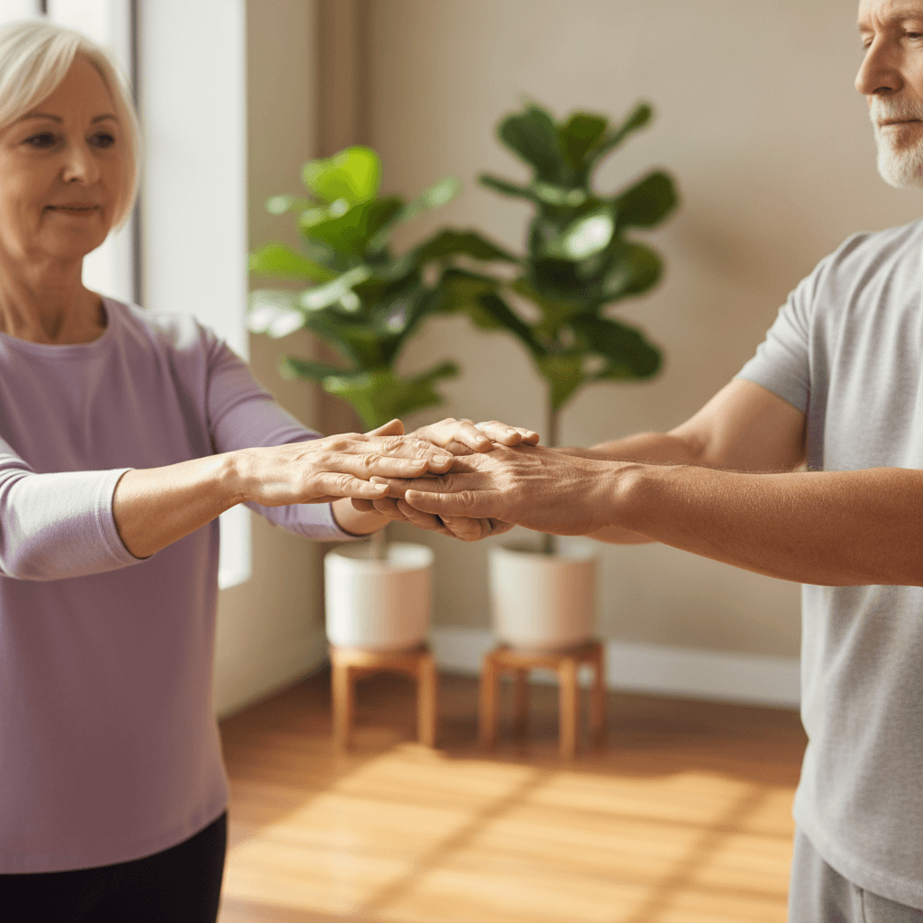 Two older adults holding hands during a gentle partner balance exercise in a sunlit wellness studio